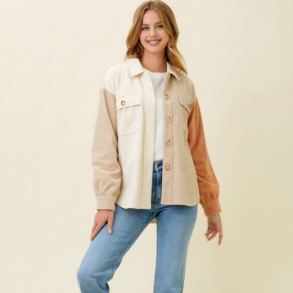 MYSTREE Colorblock Corduroy Shacket, Neutral Beige Cream Camel Button-Up Jacket - Picture 6 of 7